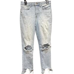 L Agence Jeans Size 27 Light Blue Wash Distressed Ripped High Rise Raw Hem Denim